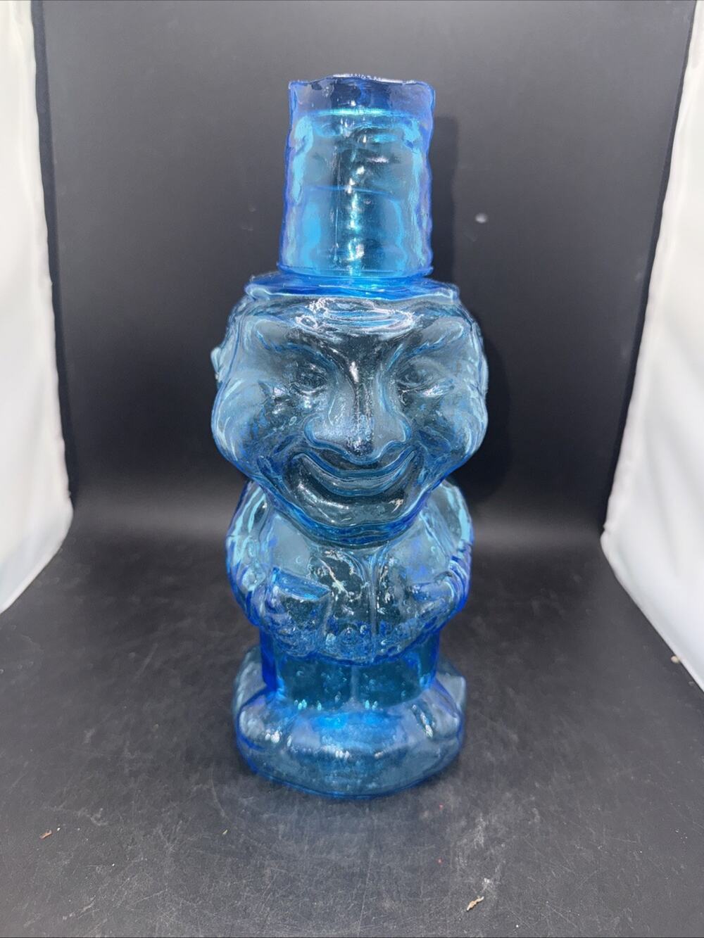 Vintage Indiana Glass Company Tiara "Jolly Mountaineer" Decanter in Blue Glass.
